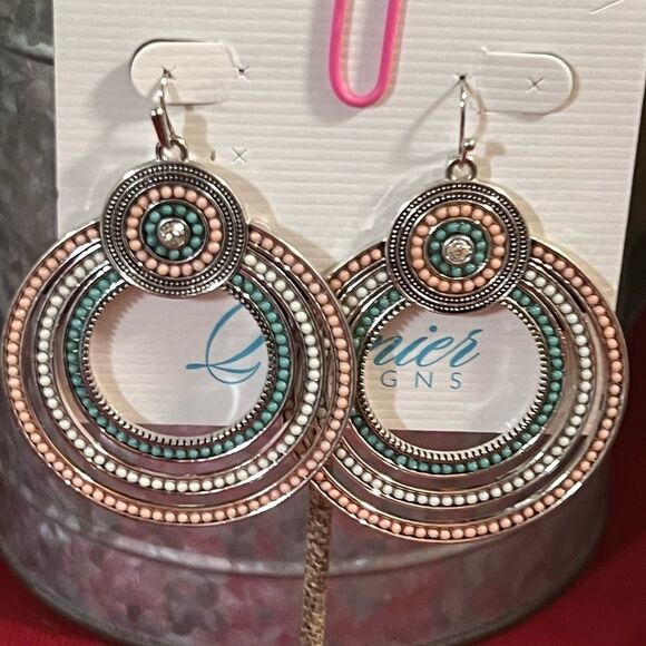 NWT Premier Designs Silver, Pink, Turquoise Hoop Earrings #PNER1 - Picture 2 of 5